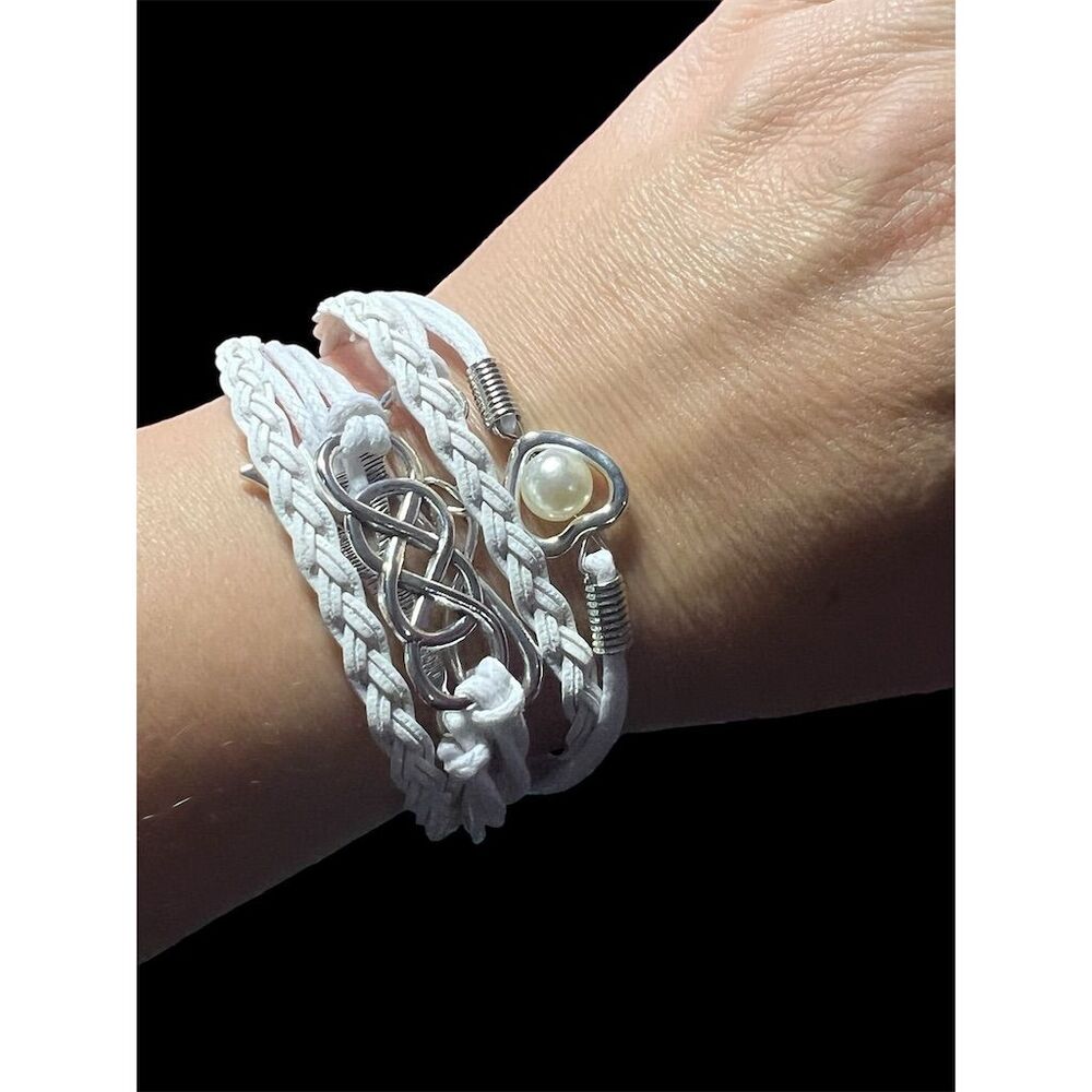 French-Themed Faux Leather Bracelet w/ Silver Charms & Pearl - White Adj… - Picture 6 of 8
